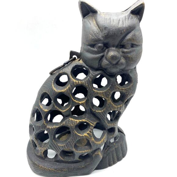 VTG Cast Iron Cat Lantern Japan Cast Iron Pouty Cat Lantern‎ 8.5" tall Vintage - Picture 1 of 9
